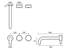 Technical Drawing - Sussex Pure Elemental Wall Bath Hostess System 250mm