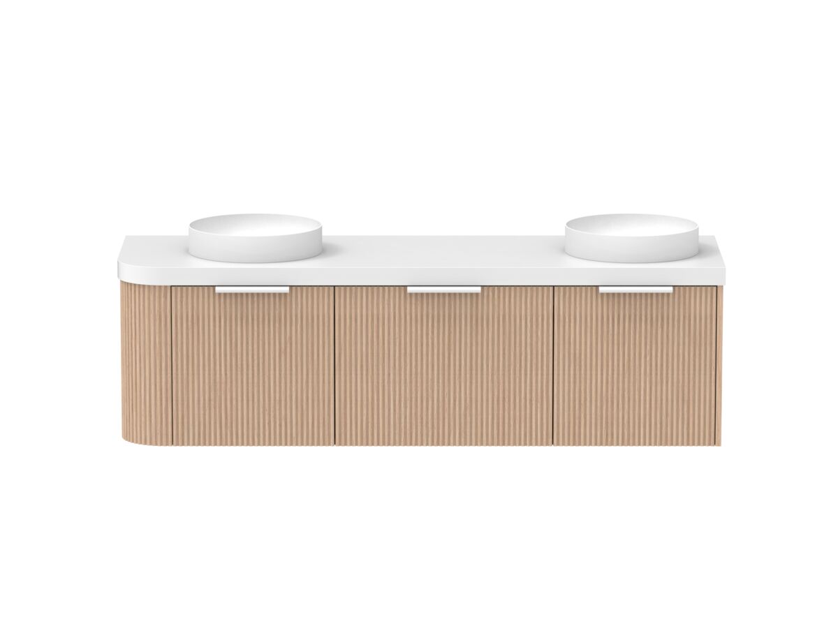 Supporting Image - Kado Neue Fluted Single Curve All Drawer 1650mm Wall Hung Vanity with Double Basin Durasein 50mm Top Blonde Oak