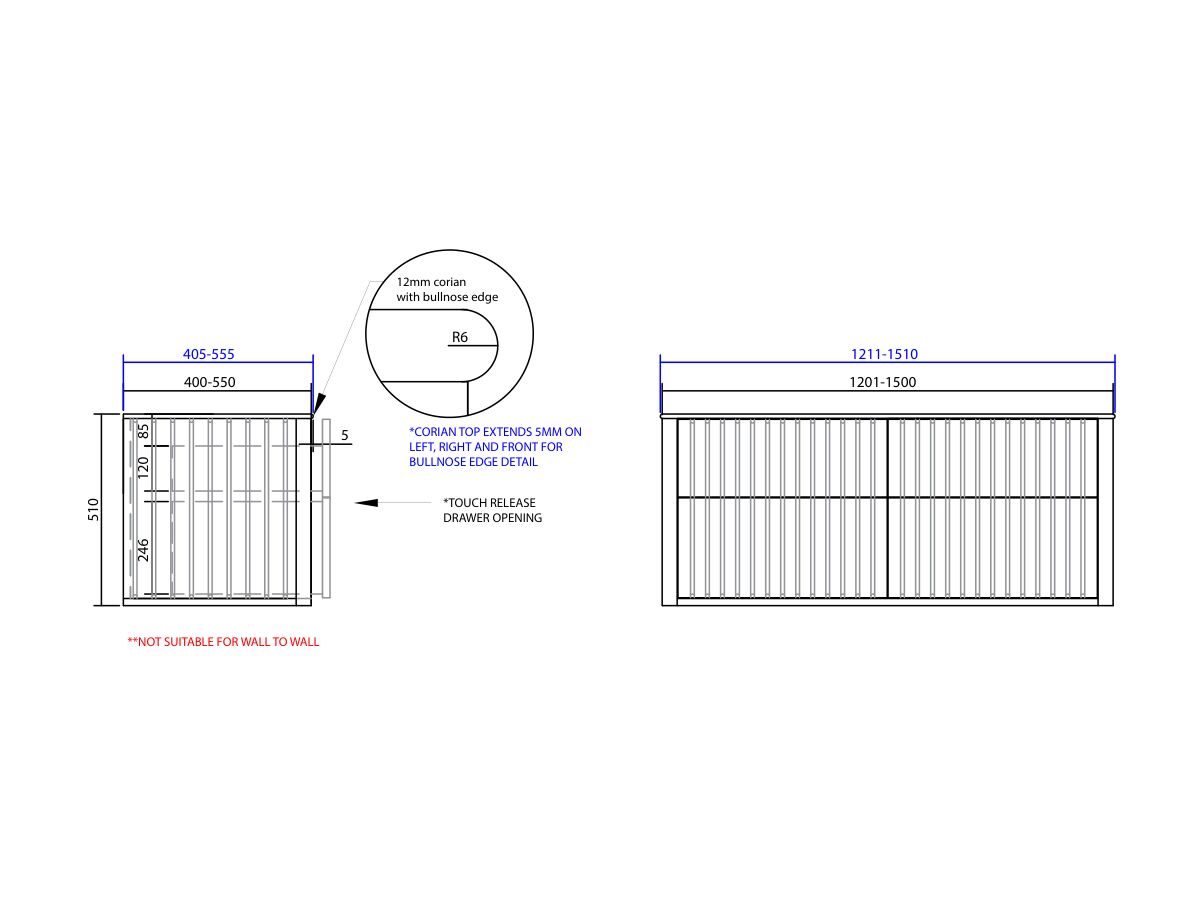 ISSY Custom Cloud II 1201-1500mm x 400-550mm x 510mm Wall Hung Vanity Unit 4 Touch Latch Drawers (No Basin)