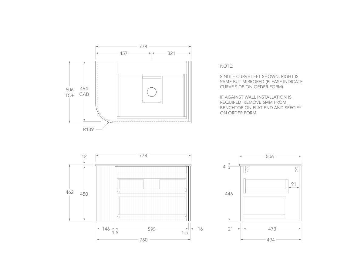 Technical Drawing - Kado Neue Fluted Single Curve All Drawer 750mm Wall Hung Vanity with Centre Basin Durasein 12mm Top