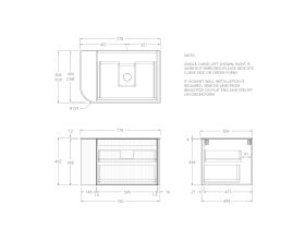 Technical Drawing - Kado Neue Fluted Single Curve All Drawer 750mm Wall Hung Vanity with Centre Basin Durasein 12mm Top