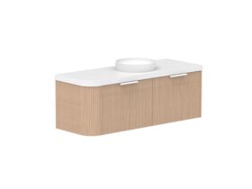 Supporting Image 2- Kado Neue Fluted Single Curve All Drawer 1350mm Wall Hung Vanity with Centre Basin Durasein 50mm Top Blonde Oak