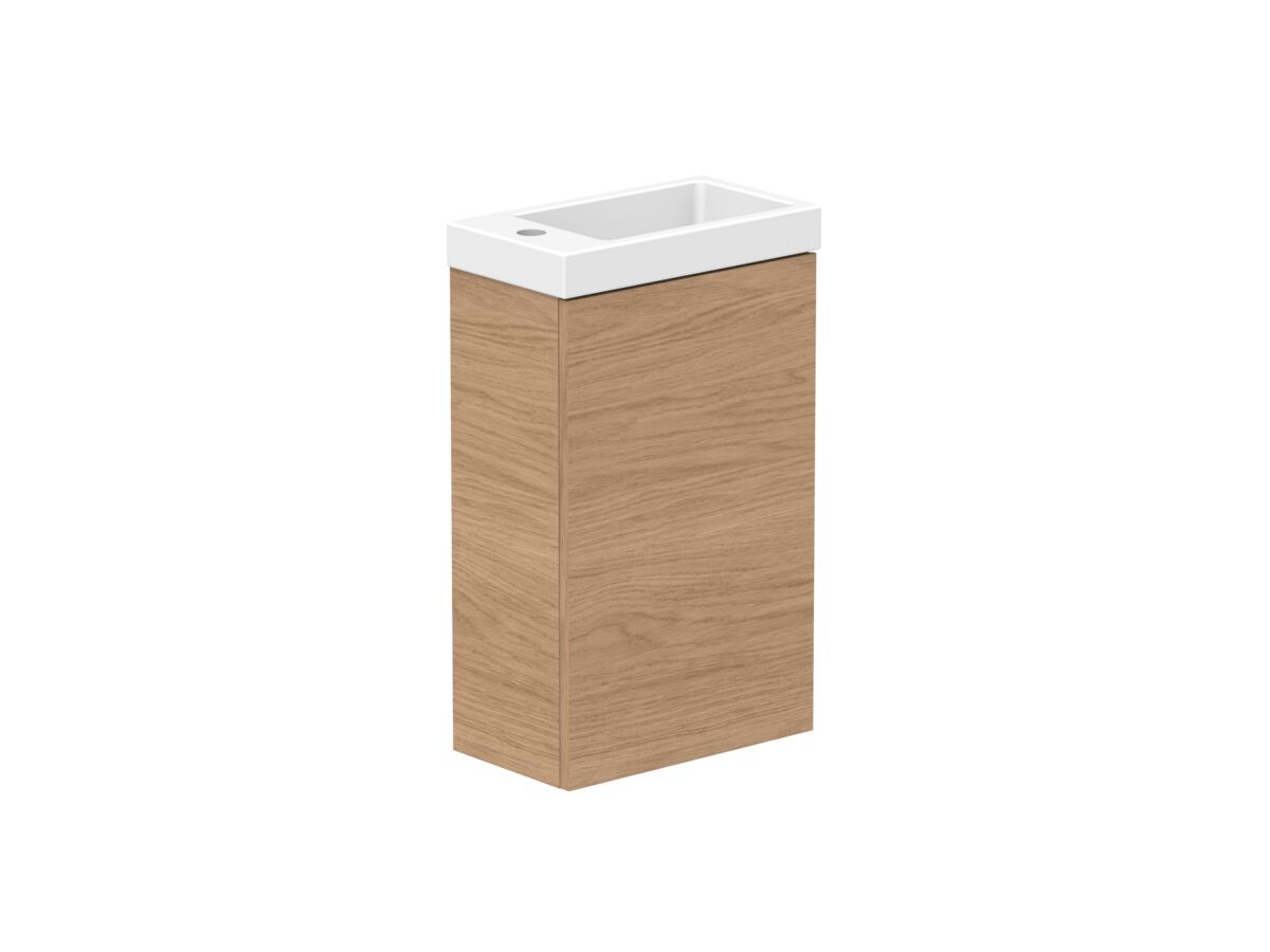 Posh Domaine Mini 400mm Wall Hung Vanity Ceramic Top - Timber - Angle