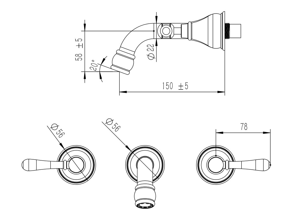 Milli Voir Wall Basin Set Lever Handle 150mm (5 Star)