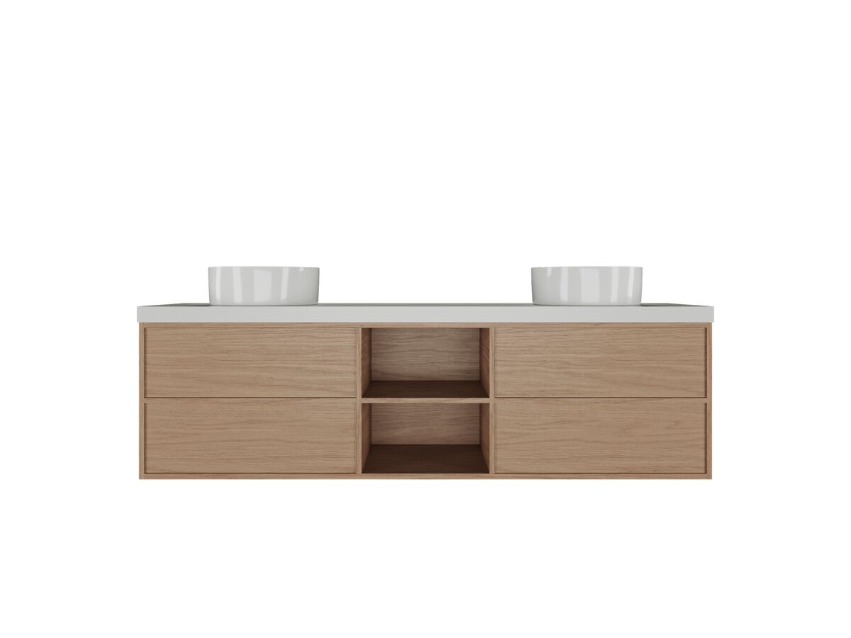 Hero - Kado Aspect Shelf Vanity Unit 1800mm Double Bowl 4 Drawer Caesarstone Mineral 50mm Top - Boston Oak
