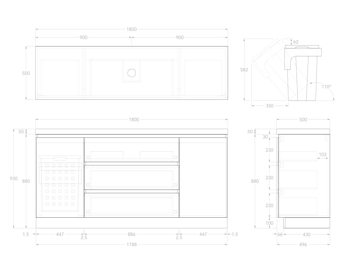 Technical Image - Posh Domaine Plus Hamper 1800 Floor Mounted Centre Bowl 50mm Top