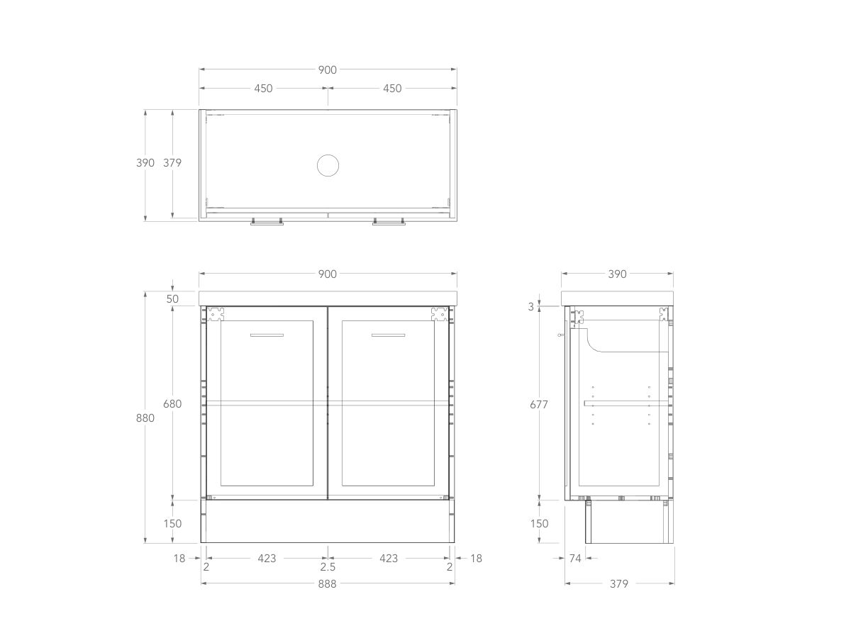 Technical Drawing - Kado Lux Ensuite All Door 900mm Floor Mount Centre Basin 50mm Top