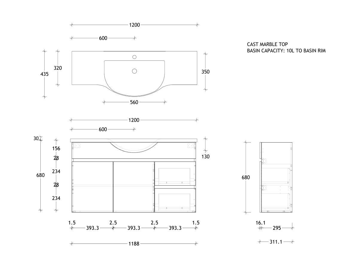 Posh Domaine Semi-Recessed 1200 Centre Wall Hung Cast Marble