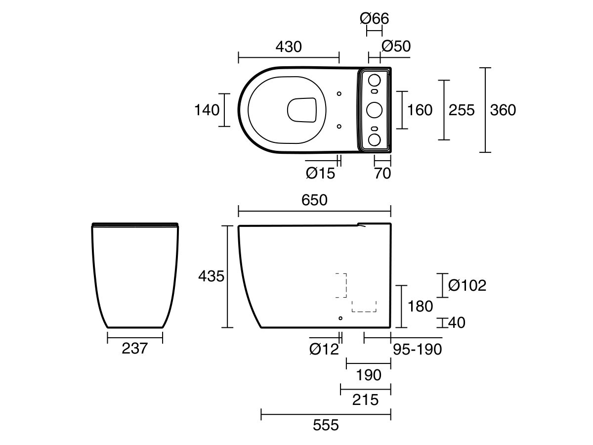 Technical Drawing - Kado Lussi Close Coupled Back to Wall Rimless Overheight Back Inlet Pan White (4 Star)