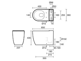 Technical Drawing - Kado Lussi Close Coupled Back to Wall Rimless Overheight Back Inlet Pan White (4 Star)