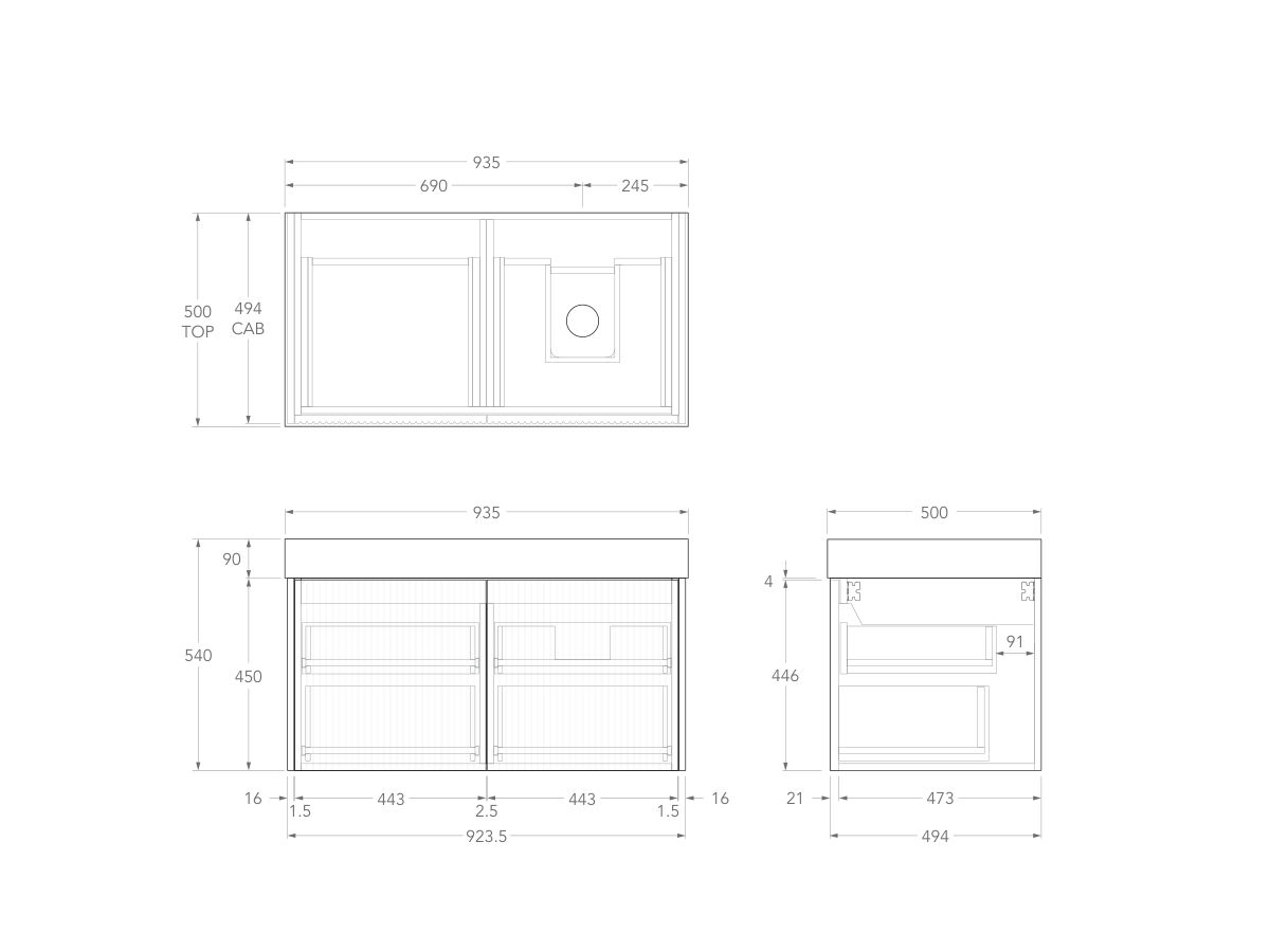 Technical Drawing - Kado Neue Fluted Square All Drawer 900mm Wall Hung Vanity with Right Basin 90mm Top