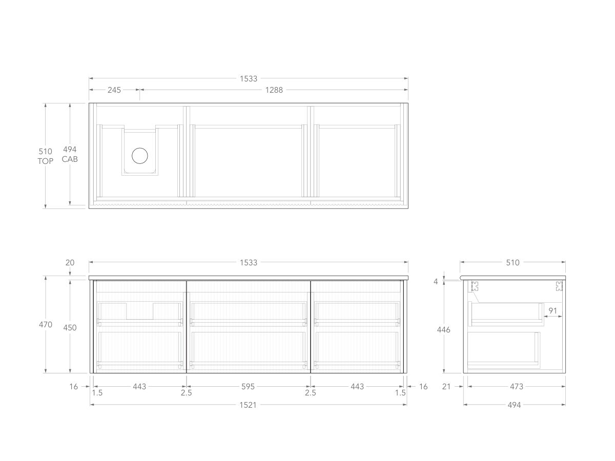 Technical Drawing - Kado Neue Fluted Square All Drawer 1500mm Wall Hung Vanity with Left Hand Basin 20mm Top