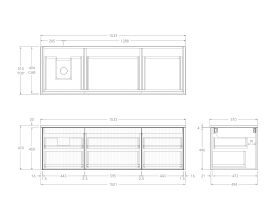 Technical Drawing - Kado Neue Fluted Square All Drawer 1500mm Wall Hung Vanity with Left Hand Basin 20mm Top