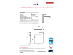 Specification Sheet - Mizu Drift Medium Height Basin Mixer Tap Straight Spout Brushed Gunmetal (6 Star) Lead Free