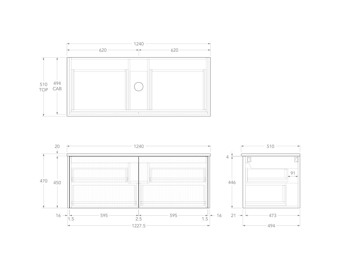 Technical Drawing - Kado Neue Fluted Square All Drawer 1200mm Wall Hung Vanity with Centre Basin 20mm Top