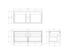 Technical Drawing - Kado Neue Fluted Square All Drawer 1200mm Wall Hung Vanity with Centre Basin 20mm Top