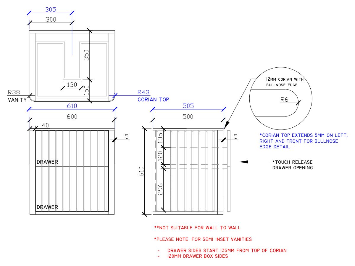 ISSY Cloud II 600mm x 500mm x 610mm Wall Hung Vanity Unit 2 Touch Latch Drawers Semi Inset (No Basin)