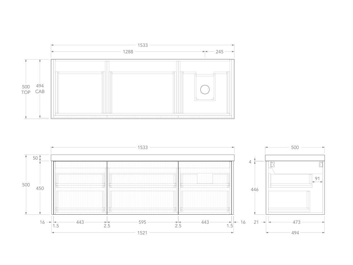 Technical Drawing - Kado Neue Fluted Square All Drawer 1500mm Wall Hung Vanity with Right Hand Basin 50mm Top