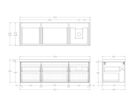 Technical Drawing - Kado Neue Fluted Square All Drawer 1500mm Wall Hung Vanity with Right Hand Basin 50mm Top