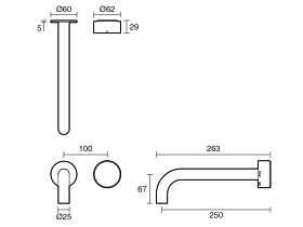 Technical Drawing - Sussex Pure Elemental Progressive Wall Basin Mixer System 250mm (3 Star) Lead Free