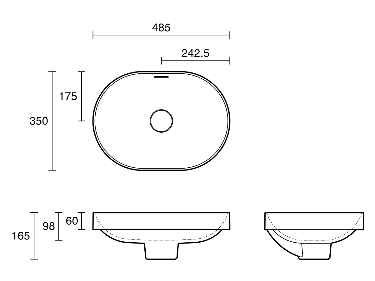 Technical Drawing - Omvivo Villa Thin Edge Oval Semi Inset Basin 485mm