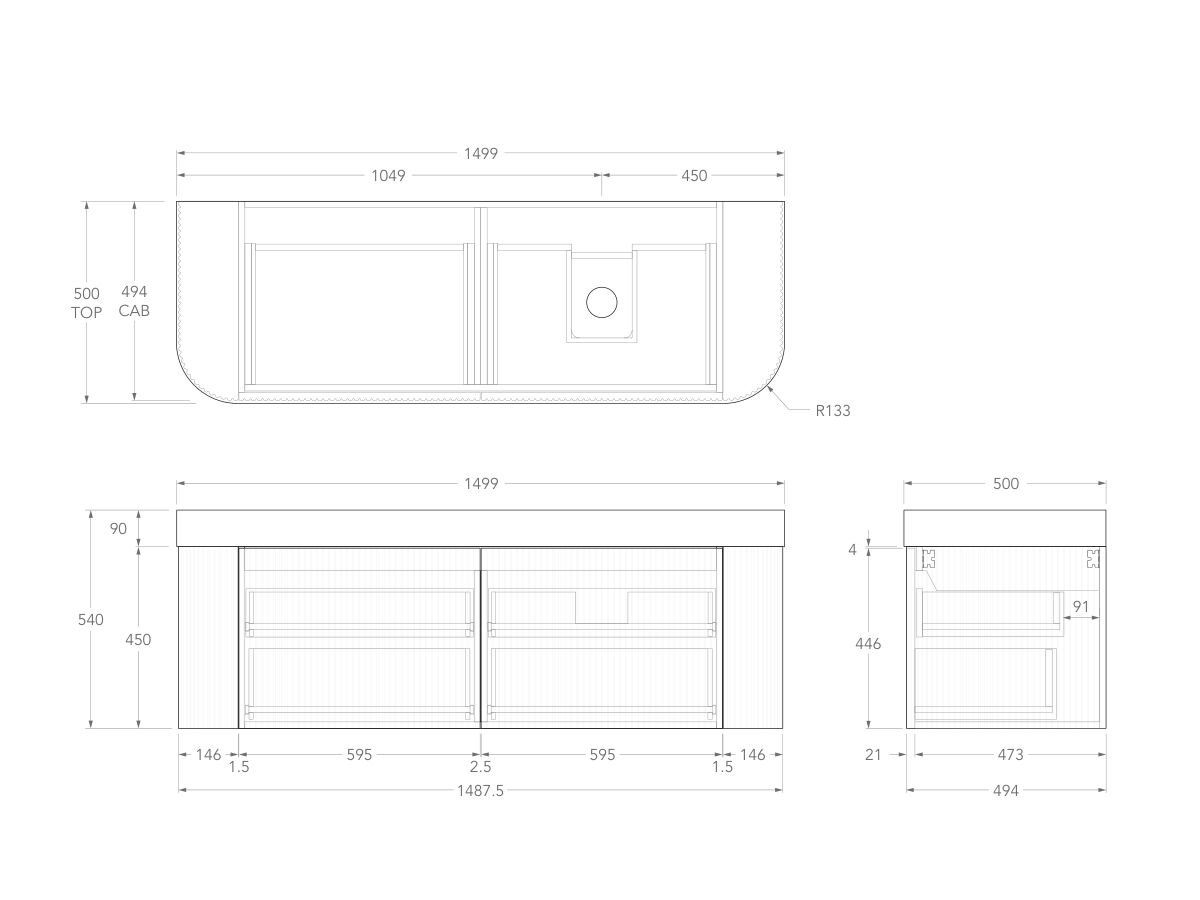 Technical Drawing - Kado Neue Fluted Double Curve All Drawer 1500mm Wall Hung Vanity with Right Hand Basin Durasein 90mm Top