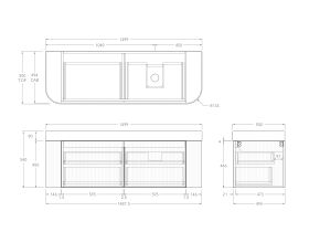 Technical Drawing - Kado Neue Fluted Double Curve All Drawer 1500mm Wall Hung Vanity with Right Hand Basin Durasein 90mm Top