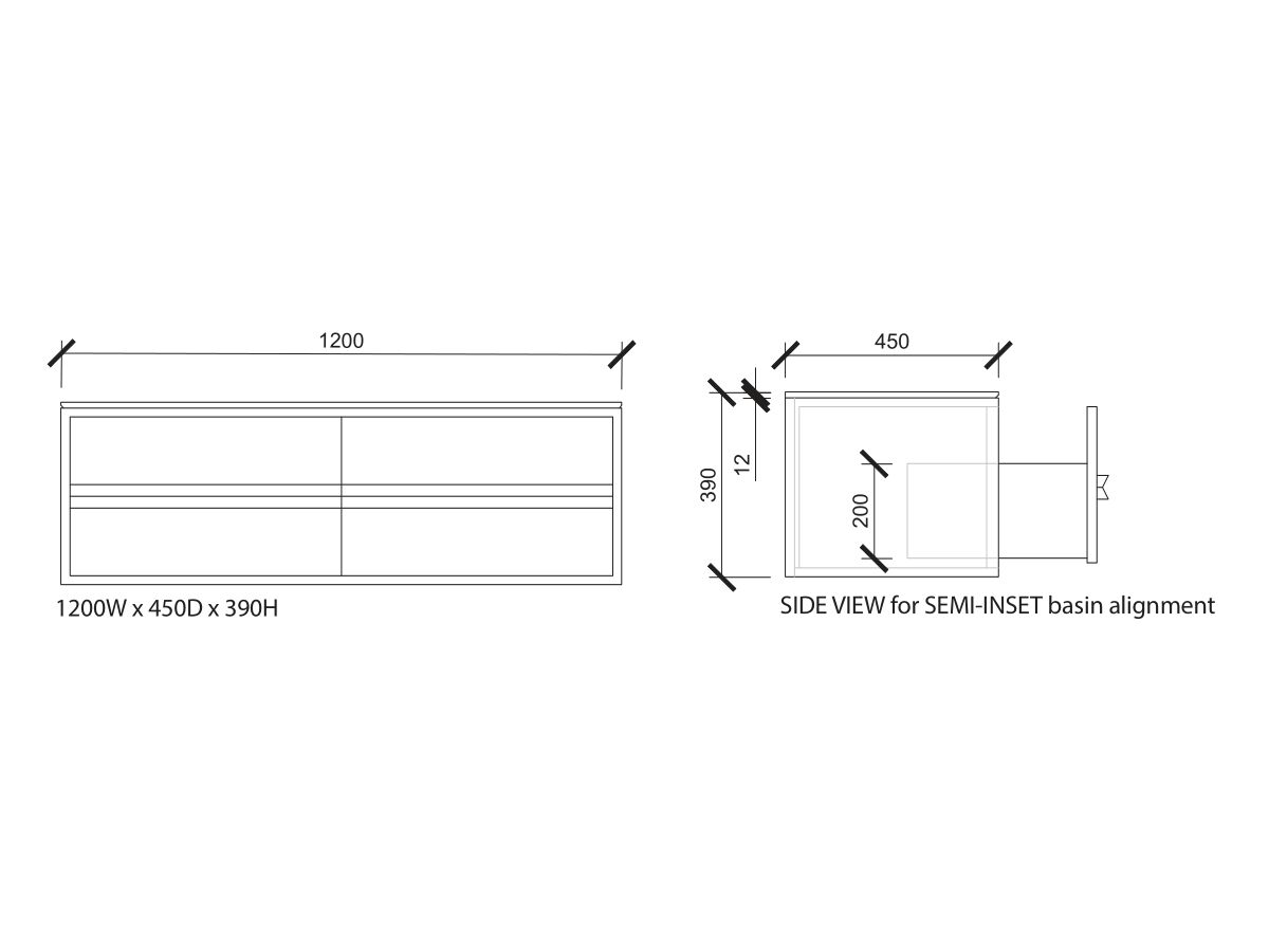 ISSY Z8 Vanity Unit 1200mm (W) x 450mm (D) x 390mm (H) 3 Drawer Semi Inset Basin