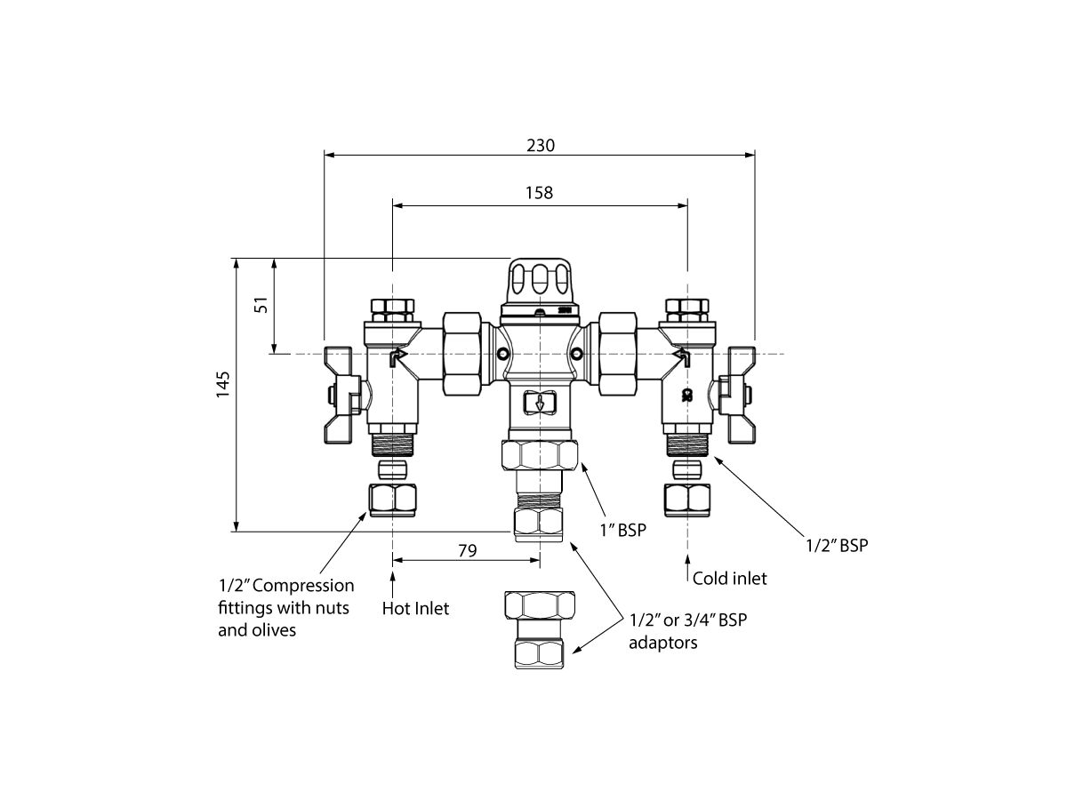 Aquablend 1000 Thermostatic Mixing Valve & Isolating Valves 15mm