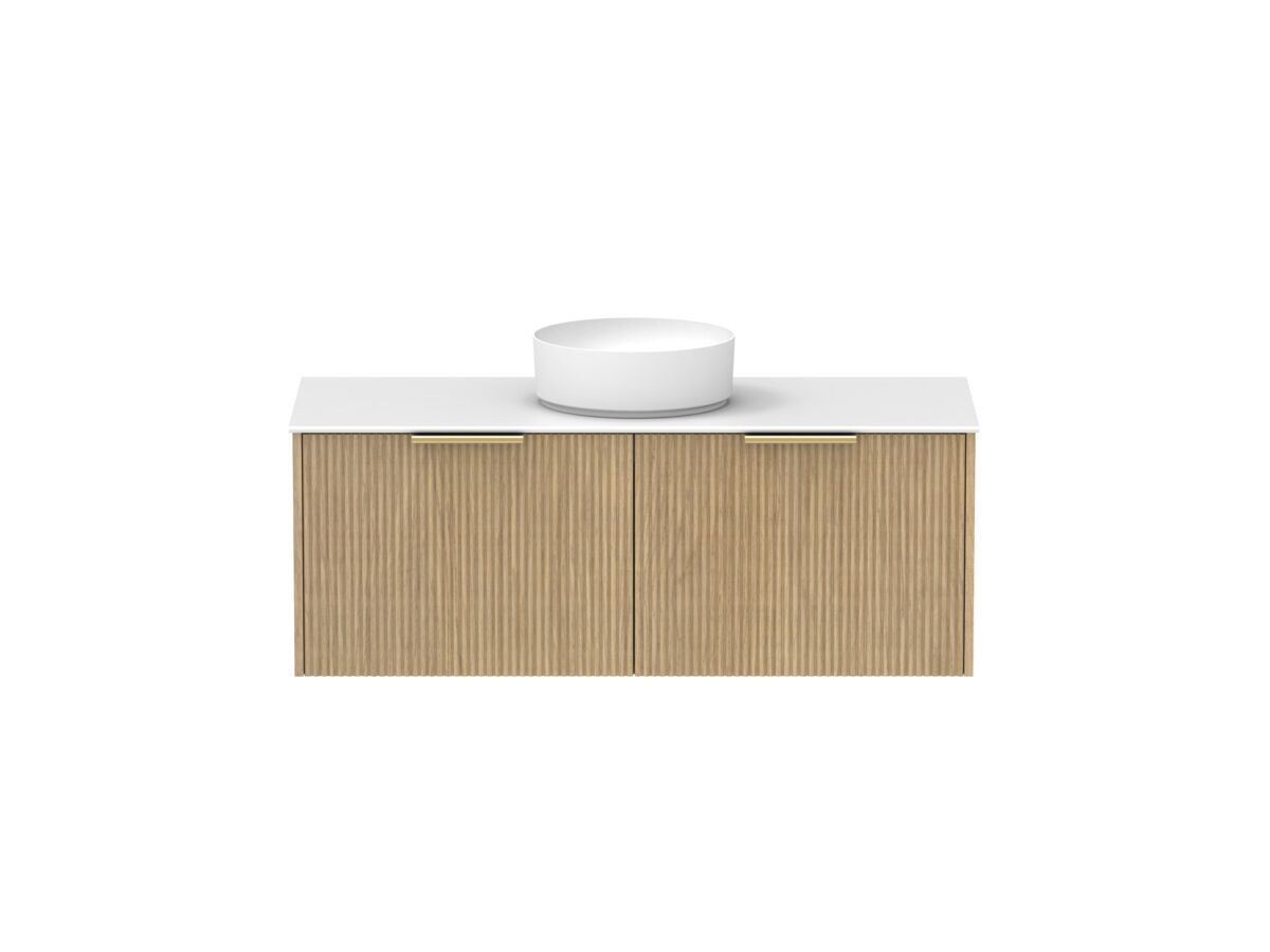 Supporting Image - Kado Neue Fluted Square All Drawer 1200mm Wall Hung Vanity with Centre Basin Durasein 12mm Top Boston Oak