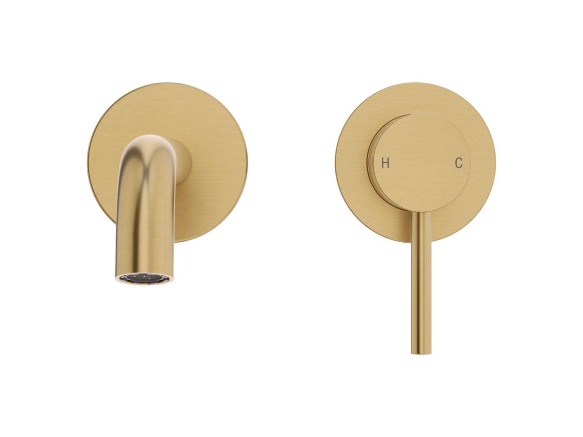Supporting Image 2 - Mizu Drift Wall Basin / Bath Mixer Set with Curved Spout 2 Piece Kit Brushed Brass (6 Star) Lead Free - Front