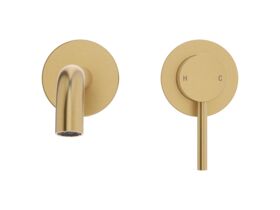 Supporting Image 2 - Mizu Drift Wall Basin / Bath Mixer Set with Curved Spout 2 Piece Kit Brushed Brass (6 Star) Lead Free - Front