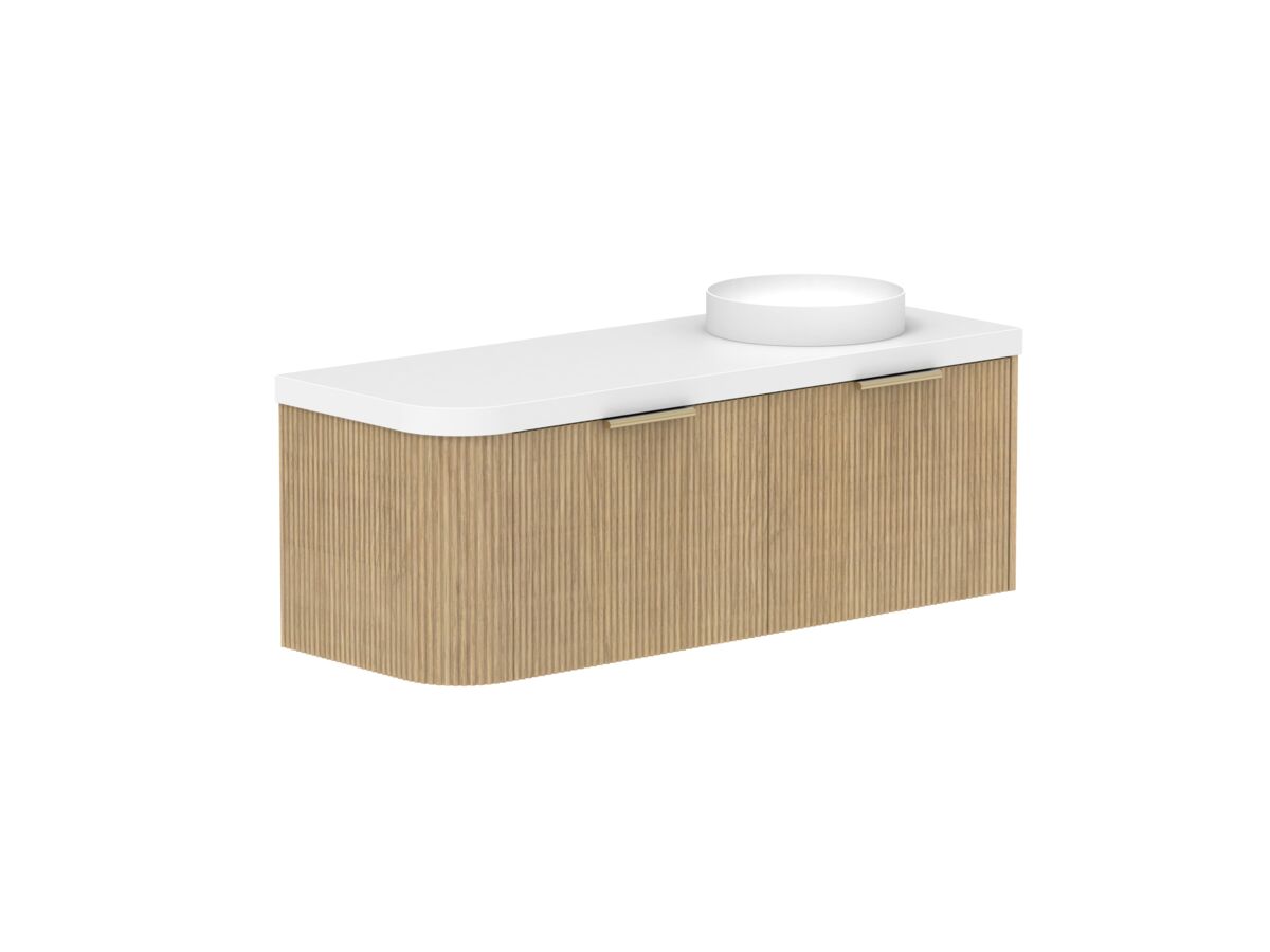 Supporting Image 2- Kado Neue Fluted Single Curve All Drawer 1350mm Wall Hung Vanity with Right Hand Basin Durasein 50mm Top Boston Oak