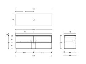 Technical Drawing - Posh Domaine 1500mm Wall Hung Vanity Unit All-Drawer Open Shelf Single Bowl 90mm Top