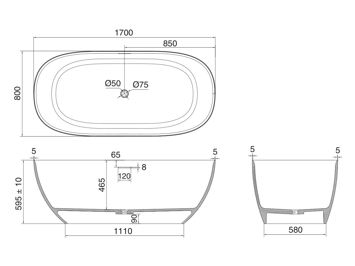 Kado Lussi Free Standing Bath Thin Edge 1700mm