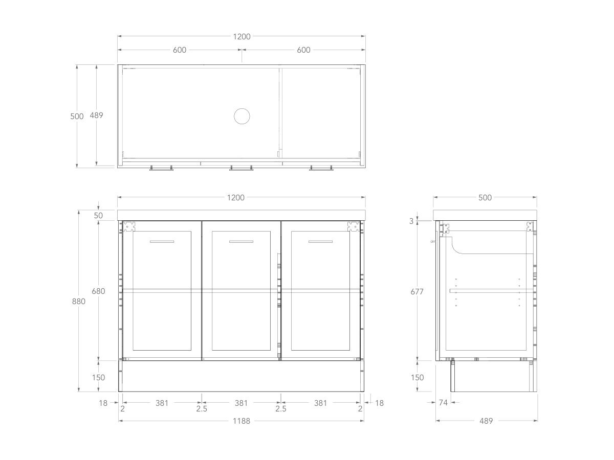 Technical Drawing - Kado Lux All Door 1200mm Centre Bowl Floor Mount 50mm Top