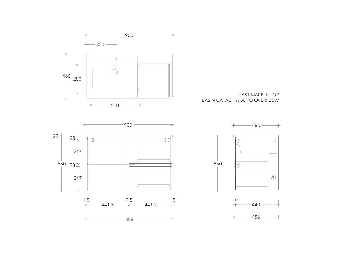 Posh Domaine Conventional 900mm Wall Hung Vanity Cast Marble Left Hand Basin