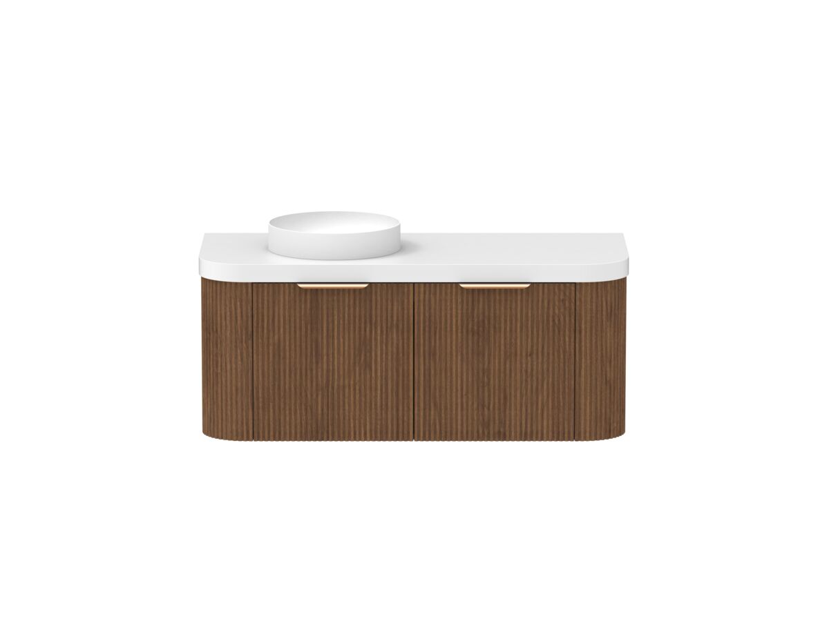 Hero - Kado Neue Fluted Double Curve All Drawer 1200mm Wall Hung Vanity with Left Hand Basin Durasein 50mm Top Florentine Walnut