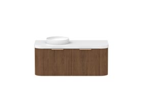 Hero - Kado Neue Fluted Double Curve All Drawer 1200mm Wall Hung Vanity with Left Hand Basin Durasein 50mm Top Florentine Walnut