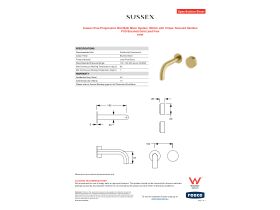 Specification Sheet - Sussex Pure Progressive Wall Bath Mixer System 160mm with Cirque Textured Handles PVD Brushed Gold Lead Free