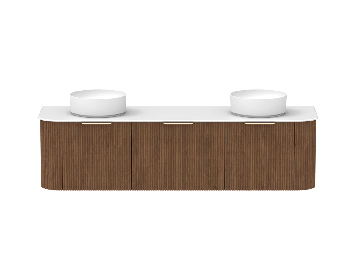 Hero - Kado Neue Fluted Double Curve All Drawer 1800 Wall Hung Vanity With Double Basin Durasein 12mm Top Florentine Walnut