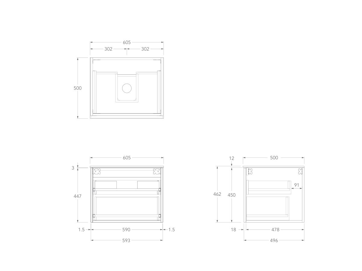 Technical Drawing - Kado Lux Slim All Drawer 600mm Wall Hung Vanity with Centre Basin Durasein Top 12mm