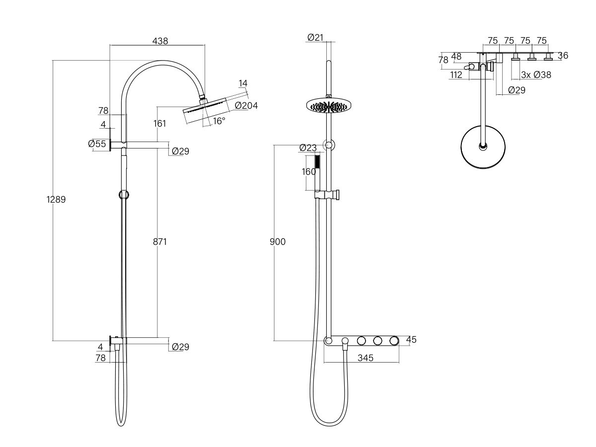 Technical Drawing - Faucet Strommen Vara Disc Wall Set with Twin Rail Shower Tap System (3 Star) Lead Free