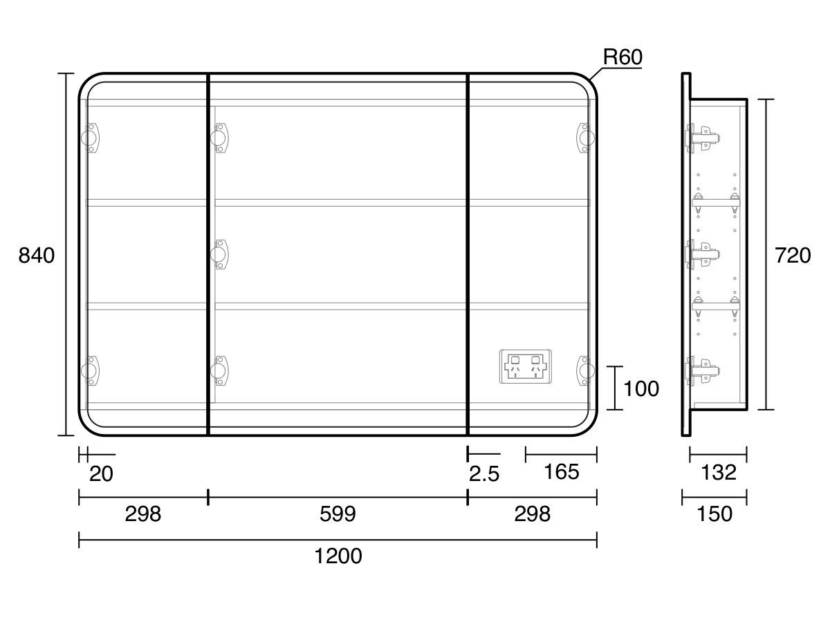 Technical Drawing - Kado Lux Framed 3 Door Mirror Shaving Cabinet 1200mm x 840mm