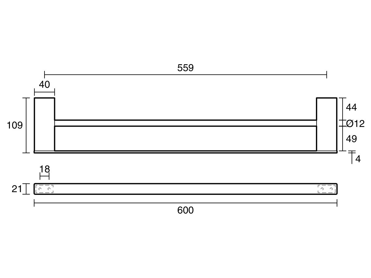 Technical Drawing - Mizu Bloc Double Towel Rail 600mm
