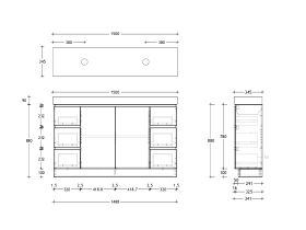 Technical Drawing - Posh Domaine 1500mm Ensuite Floor Mount Vanity Unit Double Bowl 90mm Top