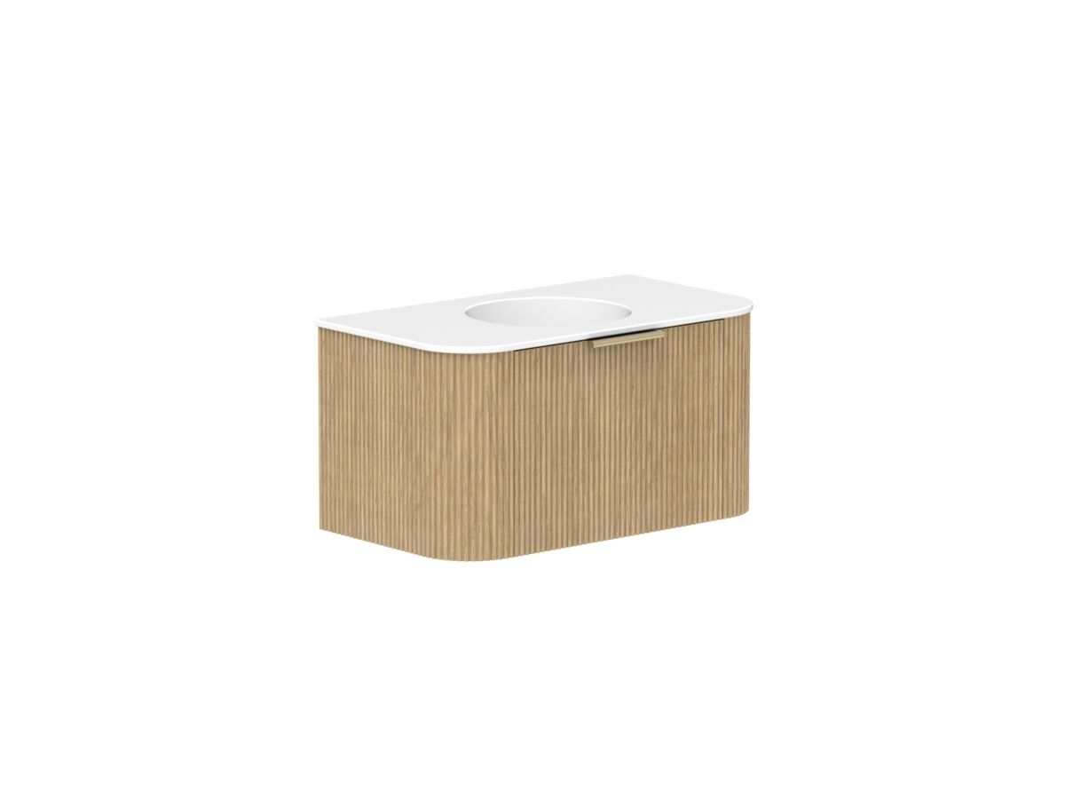 Supporting Image 2 - Kado Neue Fluted Double Curve 900mm Wall Hung Vanity Centre Basin Matte White Ceramic Top Boston Oak