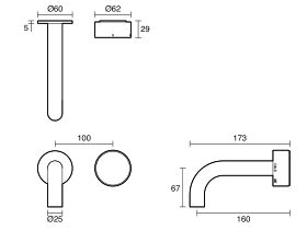 Technical Drawing - Sussex Pure Elemental Progressive Wall Basin Mixer System 160mm (3 Star) Lead Free