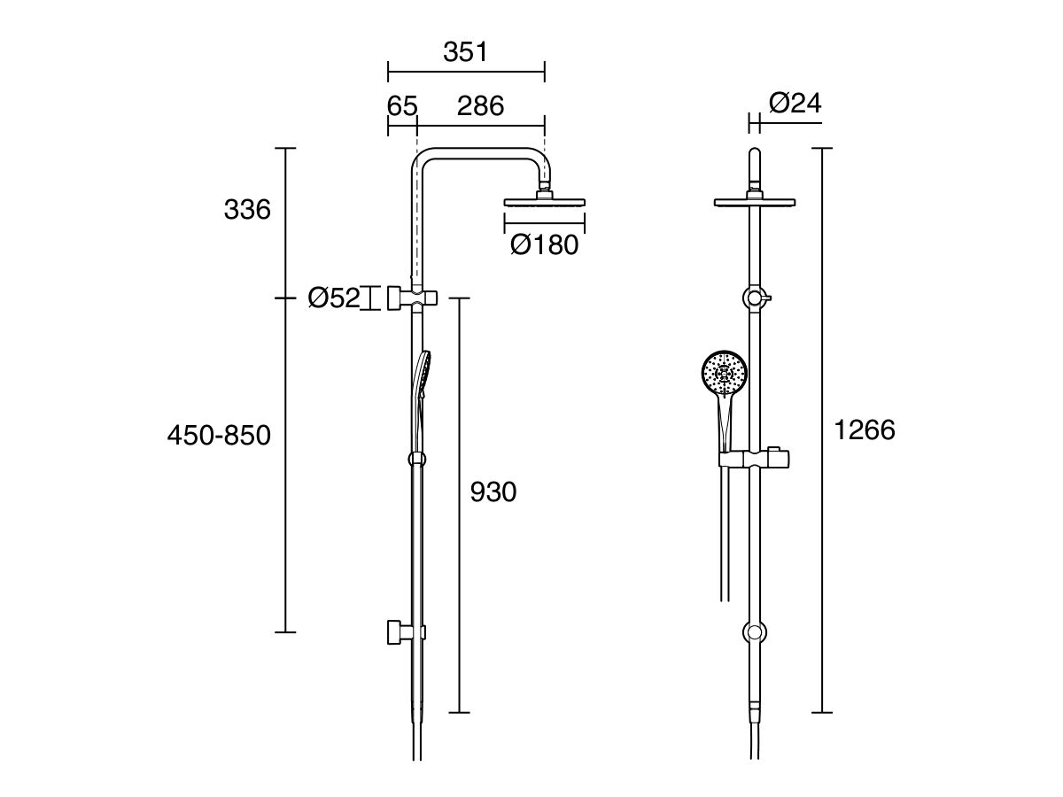 Technical Drawing - Posh Bristol MK2 Twin Rail Shower with Top Rail Water Inlet (3 Star)