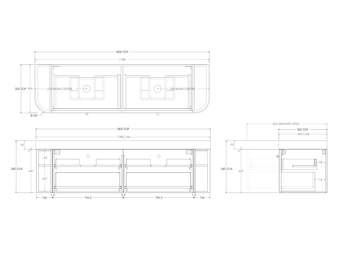Technical Drawing - Kado Era Double Curve All Drawer 1800mm Wall Hung Vanity Double Basin 90mm Durasein Top